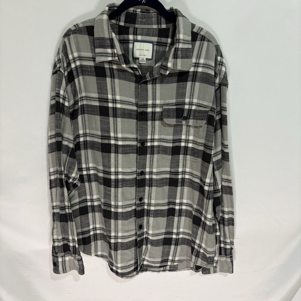 American Eagle Mens Large Super Soft Flannel Shirt Black Grey Buffalo Plaid L